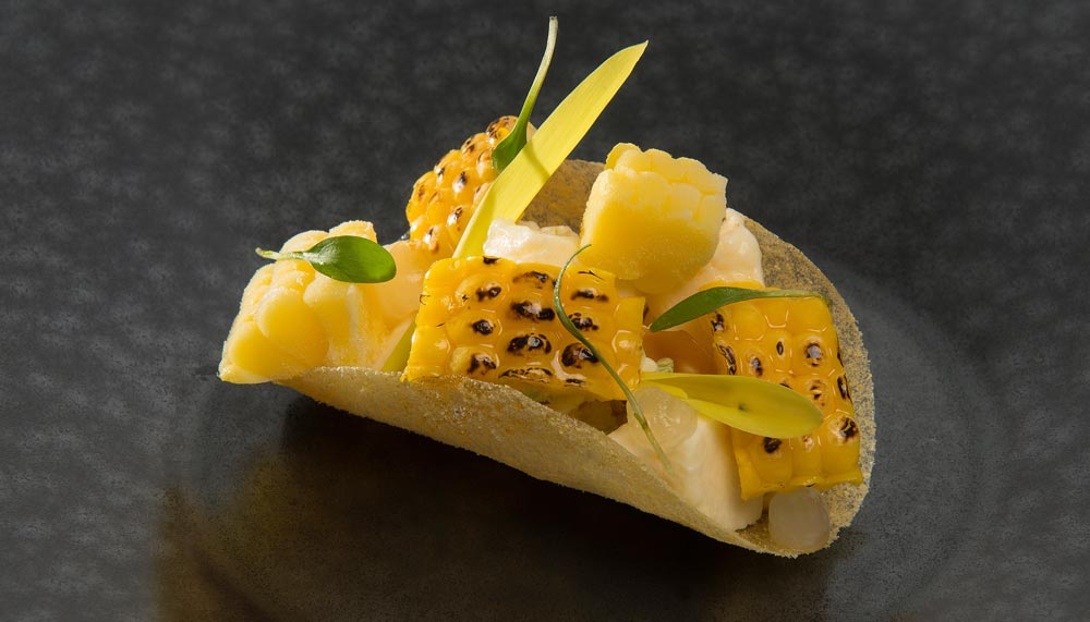 Sweet corn taco with popcorn, jalapeno and lime, Breda restaurant