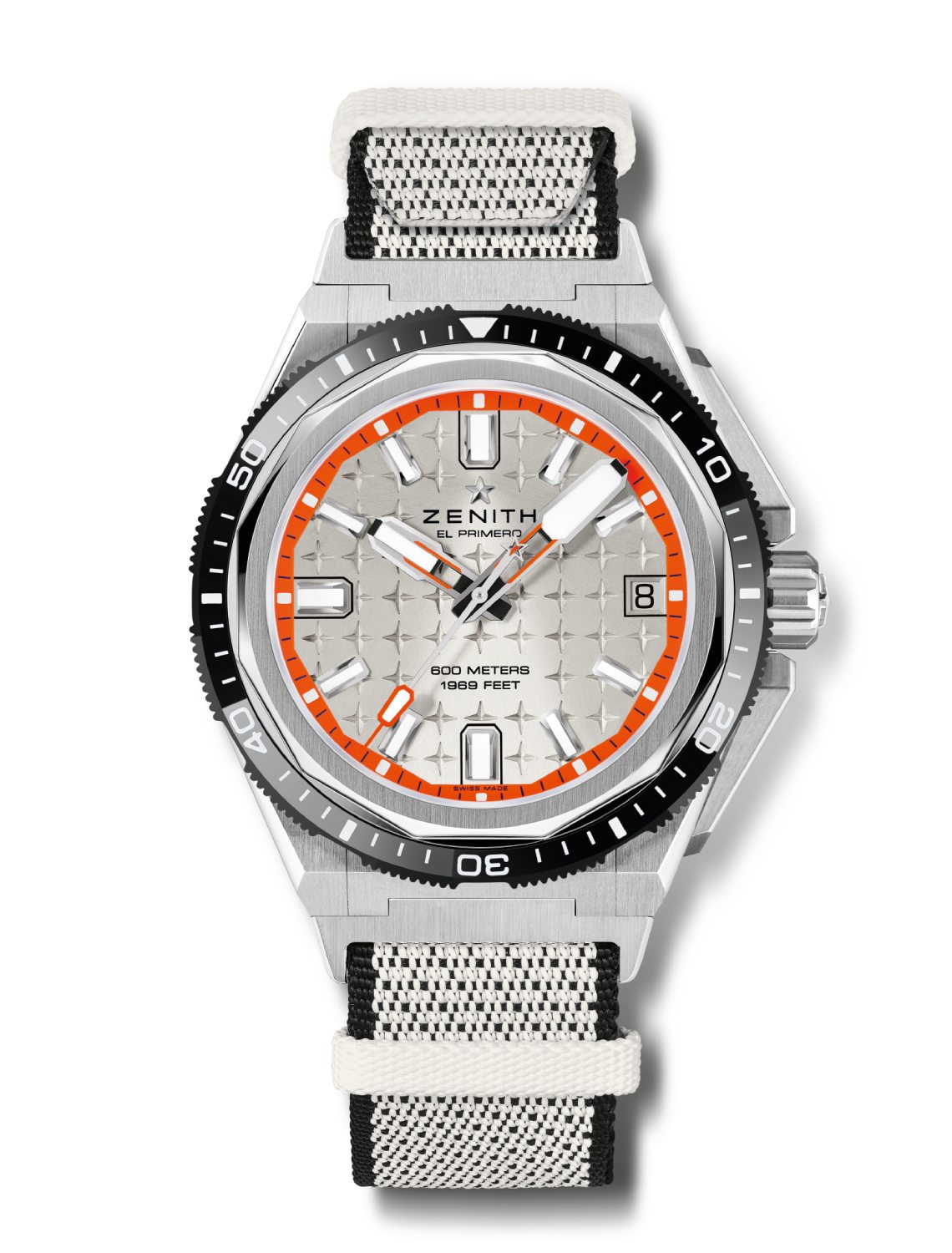 Here, the watch is paired with an extra-long strap made of recycled fishing nets that's meant to be worn over a wetsuit.