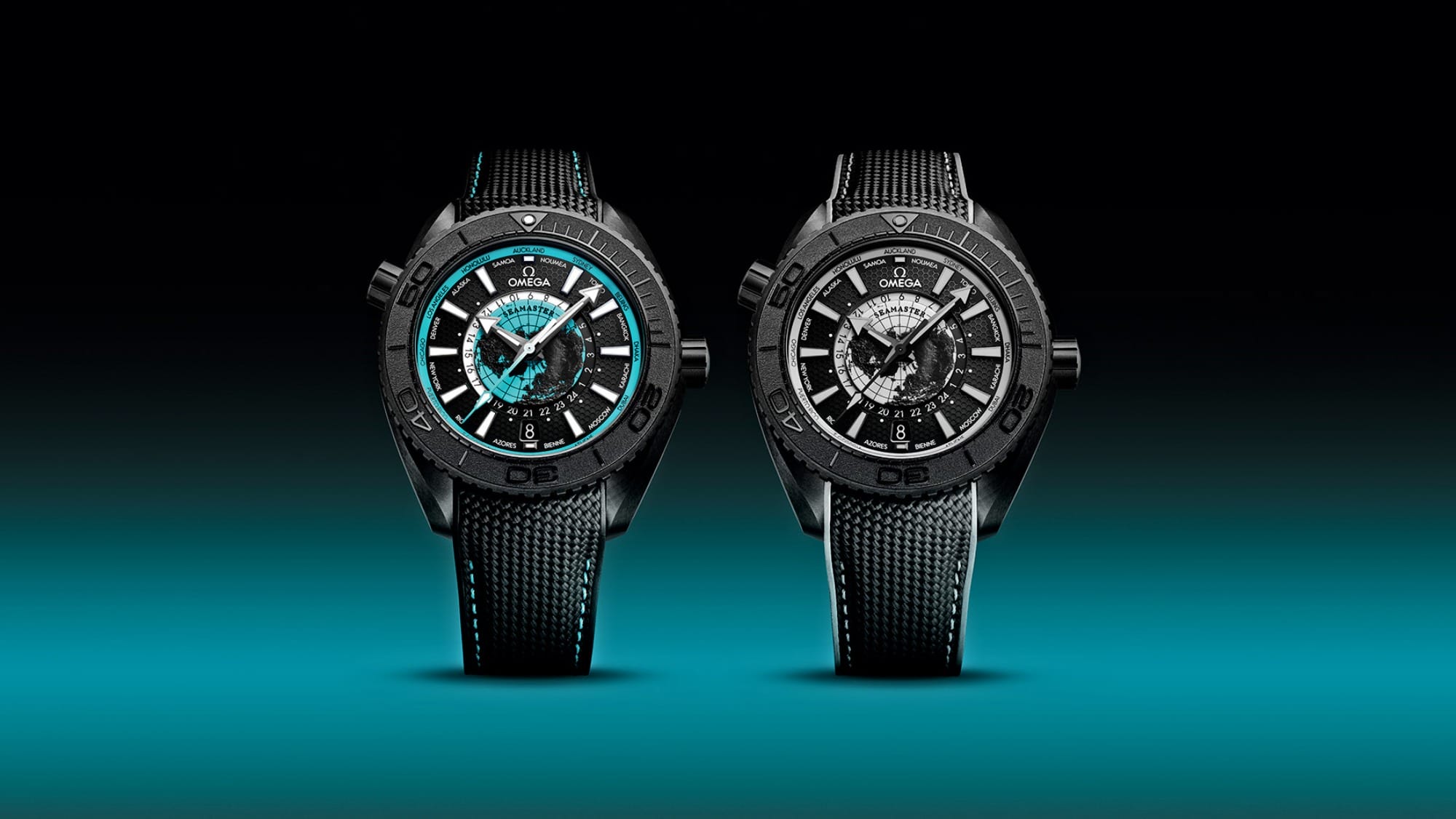 Omega's Seamaster Planet Ocean collection, showcasing a travel-inspired design in bold ceramic form.