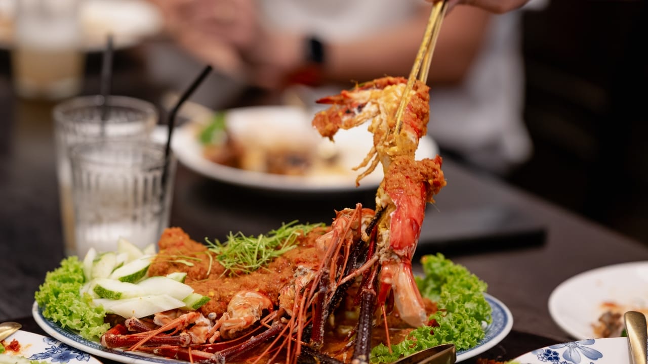 Auntie Gaik Lean’s giant freshwater prawns in a chilli dressing.