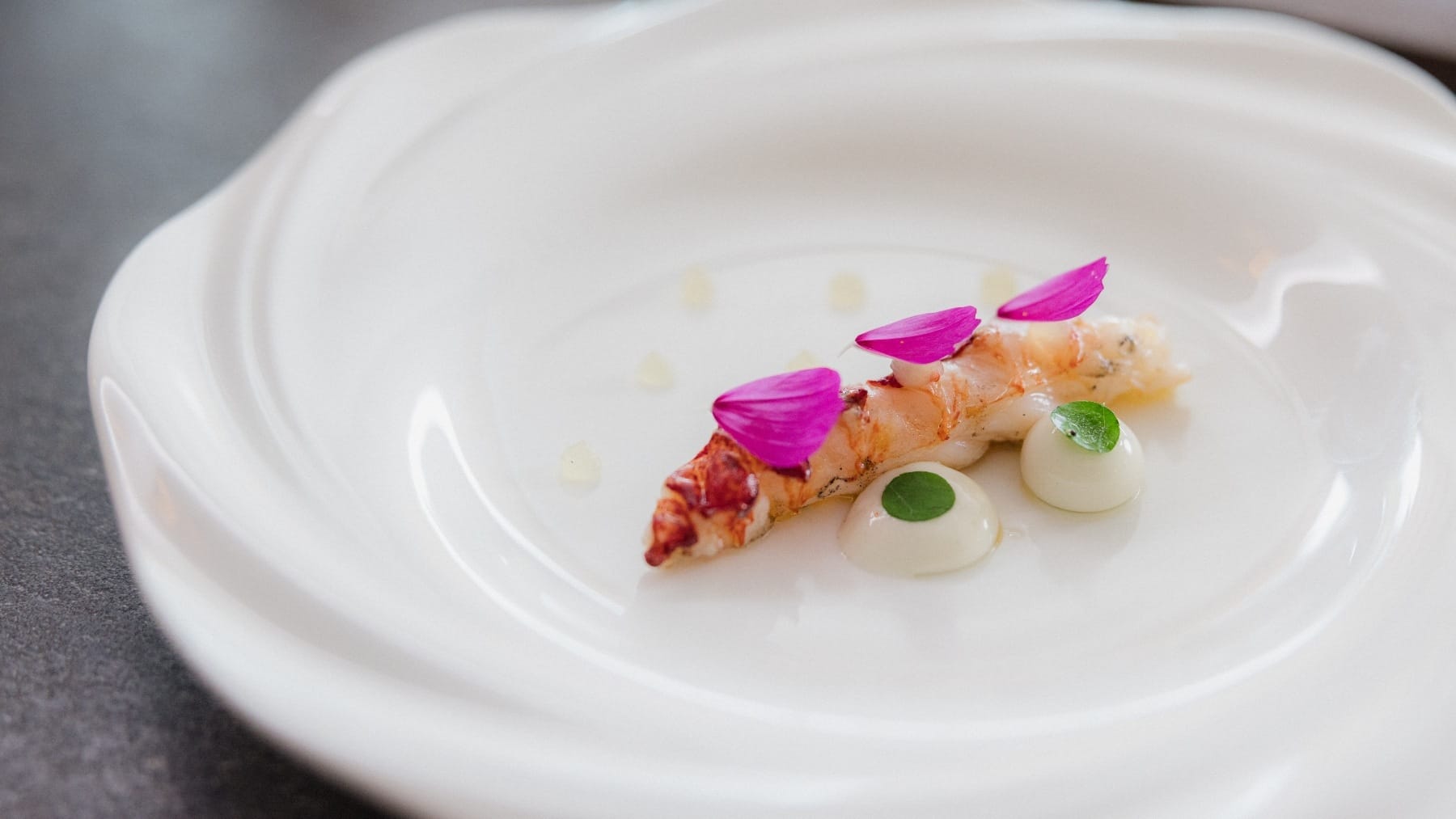 Grilled blue lobster tail with tarragon emulsion spheres, vanilla bean gel, and smoked pimentón oil.