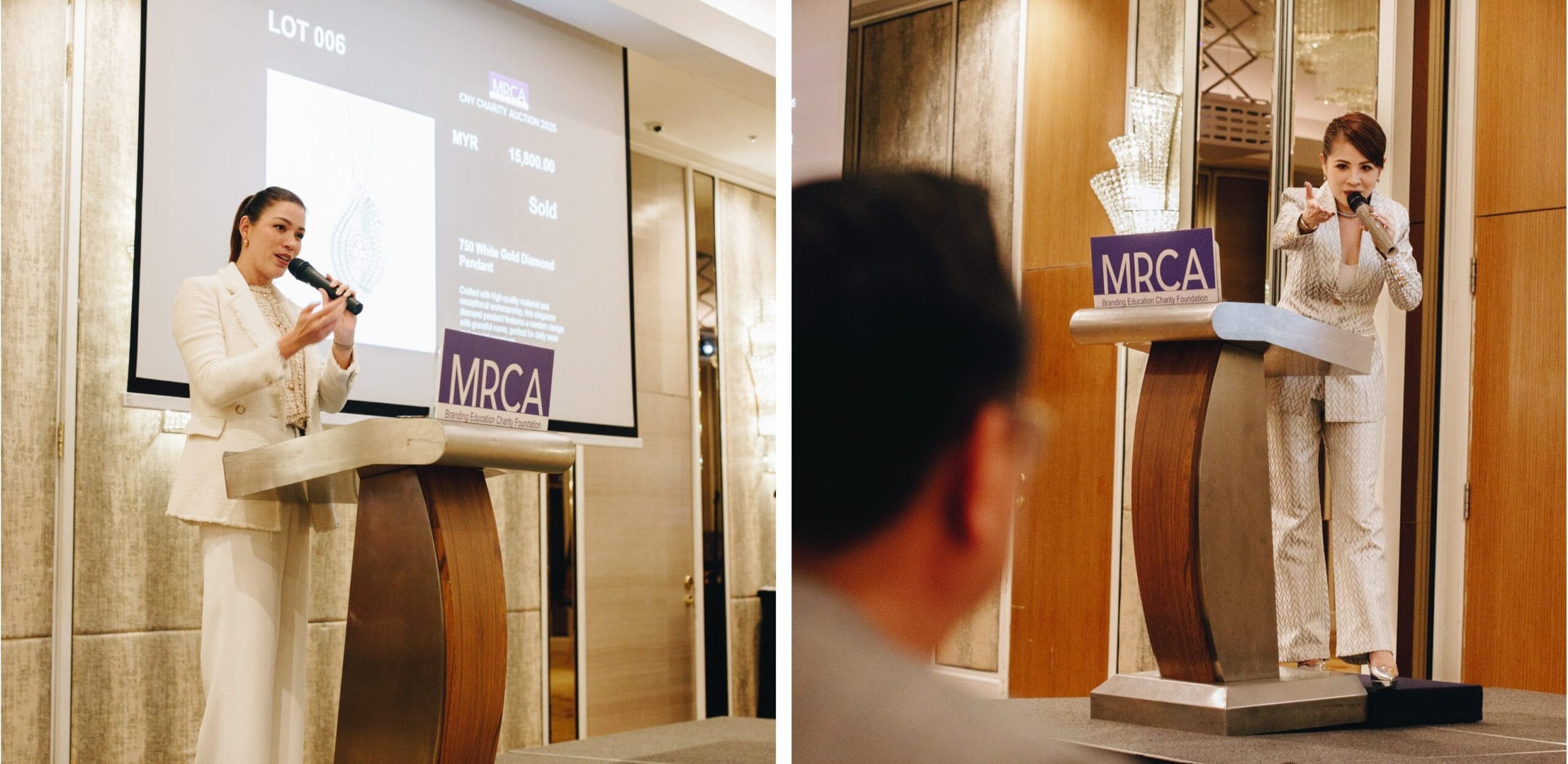 Nadia Heng leading the first session of the charity auction (left) and Xu Zhenru moderating the second half of the charity auction.