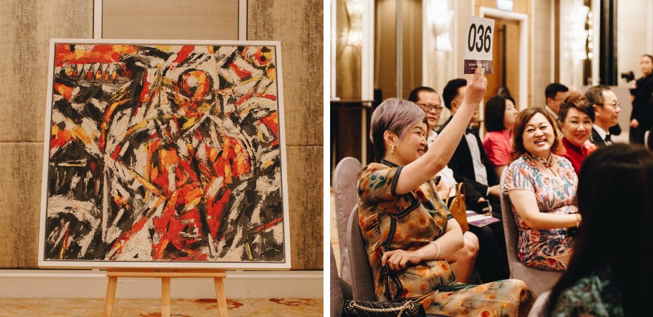Awang Dawit Ahmad’s Eastern Aesthetics: Speak From The Heart…State mixed media piece featured in the charity auction (left) and live bidding in full swing.