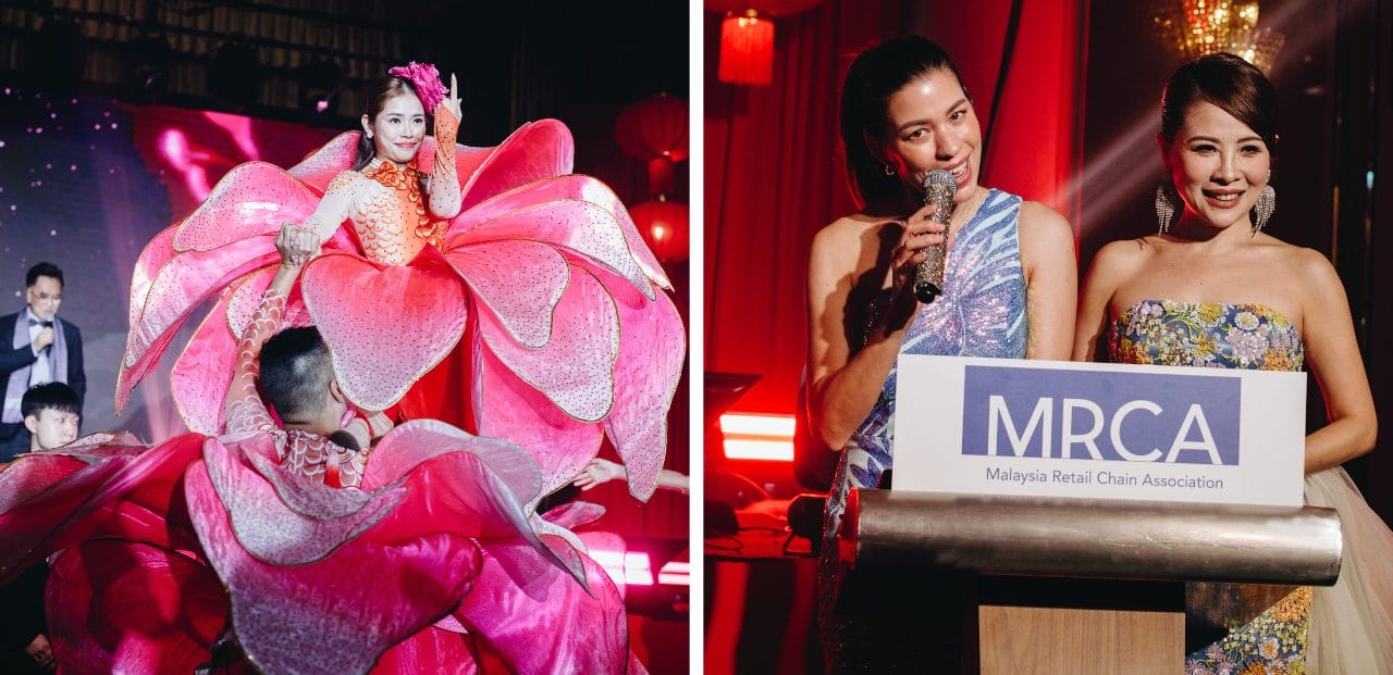 A beautifully choreographed dance performance during the gala dinner (left) and Emcees Heng and Xu maintained a lively and celebratory mood throughout the night (right).